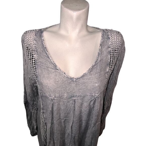New Anandas Top Womens Plus Size XXL Gray Stone Wash Boho LS Tunic Blouse Shirt - Picture 2 of 6